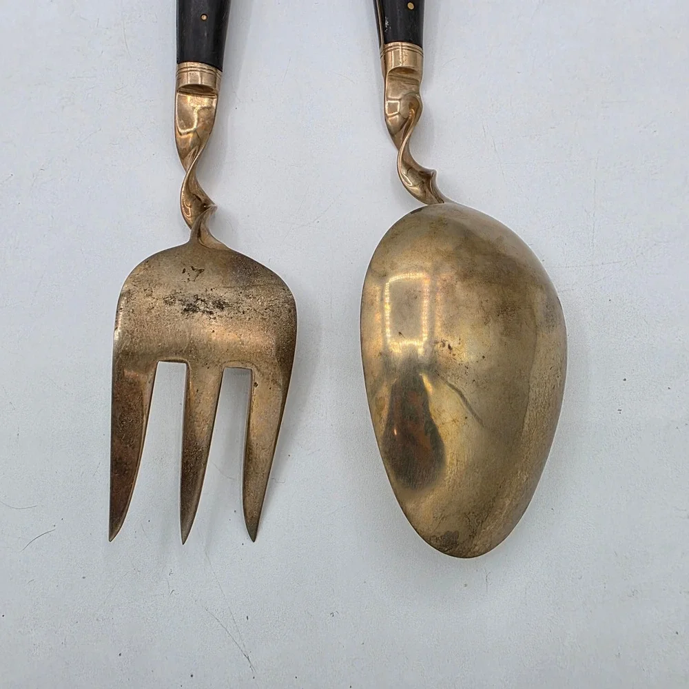 Vintage Thai Buddha Figurine Twisted Handle Serving Spoon Fork Set‎ Brass Black